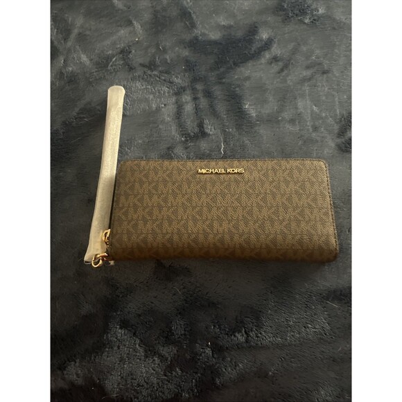 Michael Kors Jet Set Travel Large Zip Around Signature Leather Brown MK Wallet - Picture 4 of 14